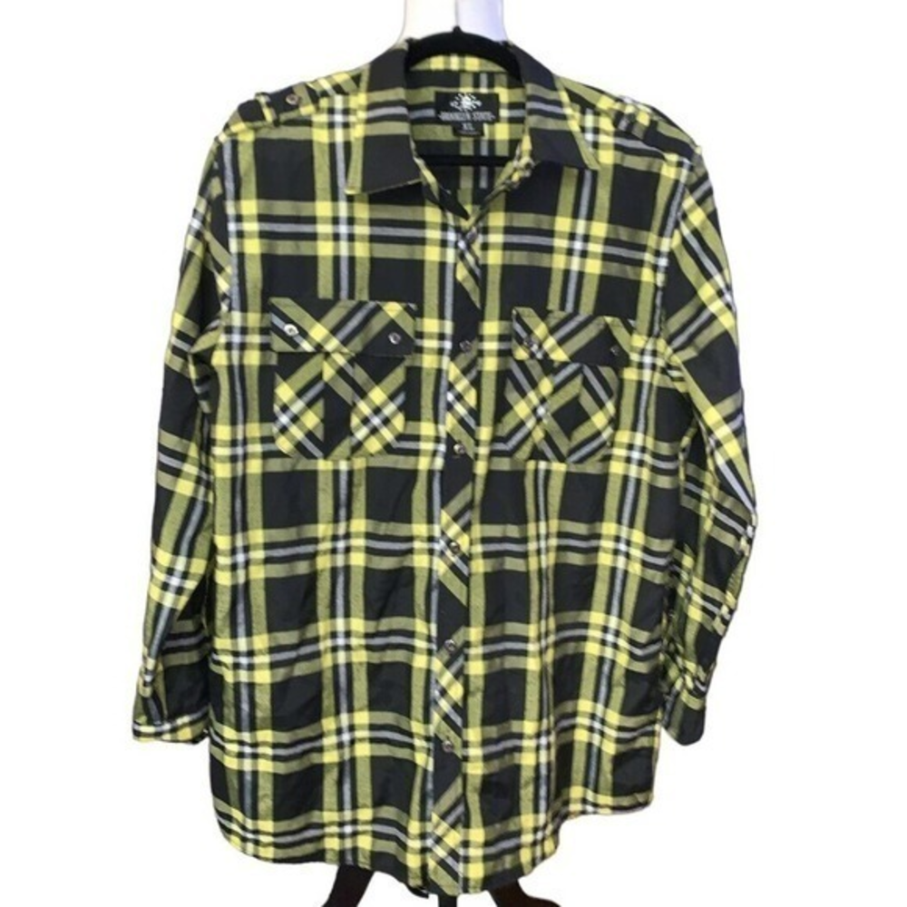 BROOKLYN‎ STATE Men's XL Black Yellow Blue Plaid Print Button Up Shirt